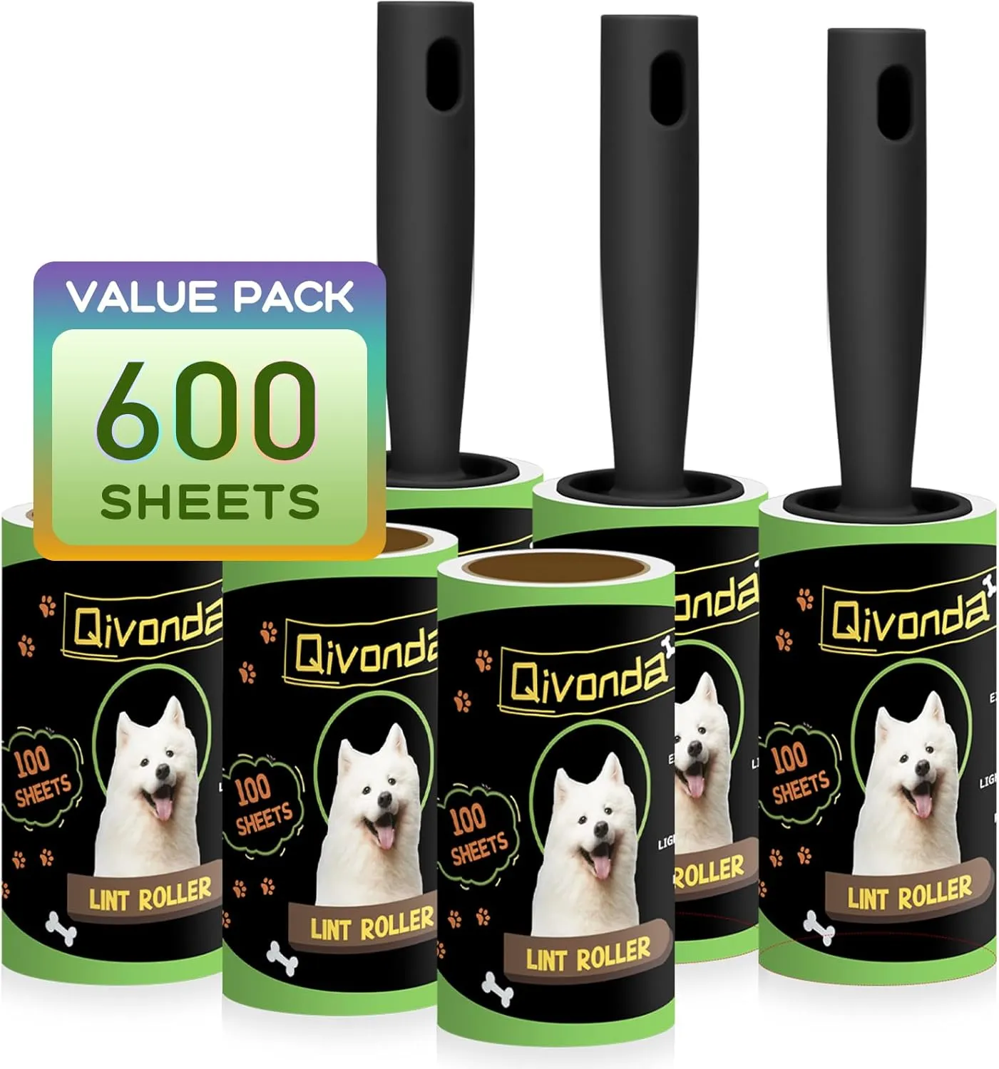 Lint Roller 600 Sheets Mega Value Set, Lint Rollers for Pet Hair Extra Sticky with 3 Upgraded Handles, Portable Lint Remover for Clothes, Furniture, Dog & Cat Hair (6 Pack), Black, ZMT001