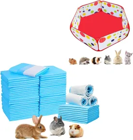 M Portable Small Animals Playpen, Outdoor/Indoor Pop Open Pet Exercise Fence & 50pcs Rabbit Pee Pads, Pet Toilet/Potty Training Pads, Super Absorbent Guinea Pig Disposable Diaper
