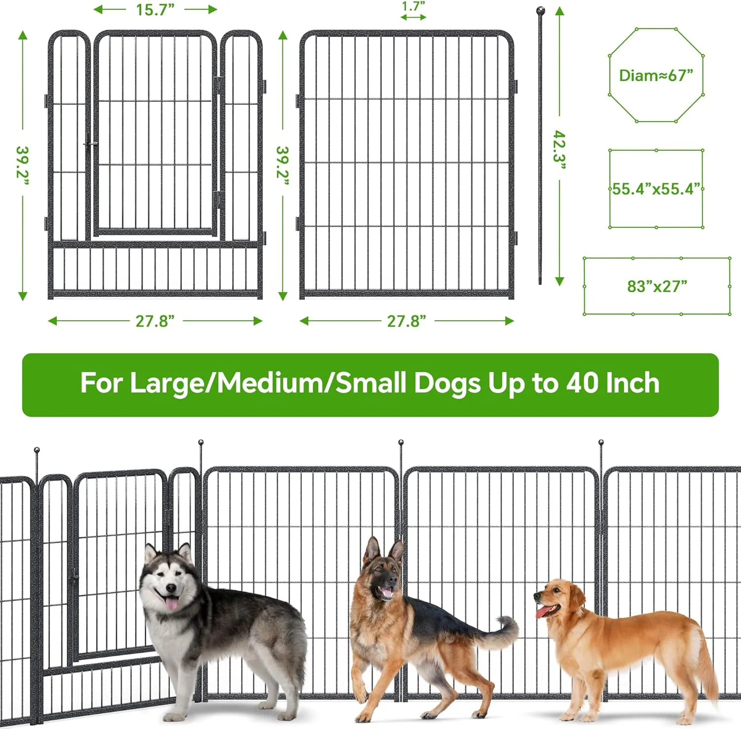Mr Ironstone Dog Playpen with Anti-Rust Coating  40" Height 8 Panels Portable & Foldable Indoor/Outdoor Pet Fence for Large, Medium, or Small Dogs  Durable Exercise Pen