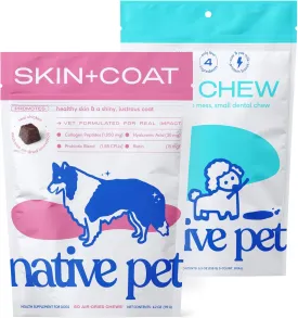 Native Pet Omega Skin and Coat Chews for Dogs (60 Air-Dried Chews) & Yak Chew (5 Small Chews) - All Natural Dental Sticks Made with Yak Cheese & Pure Omega 3 Fish Oil