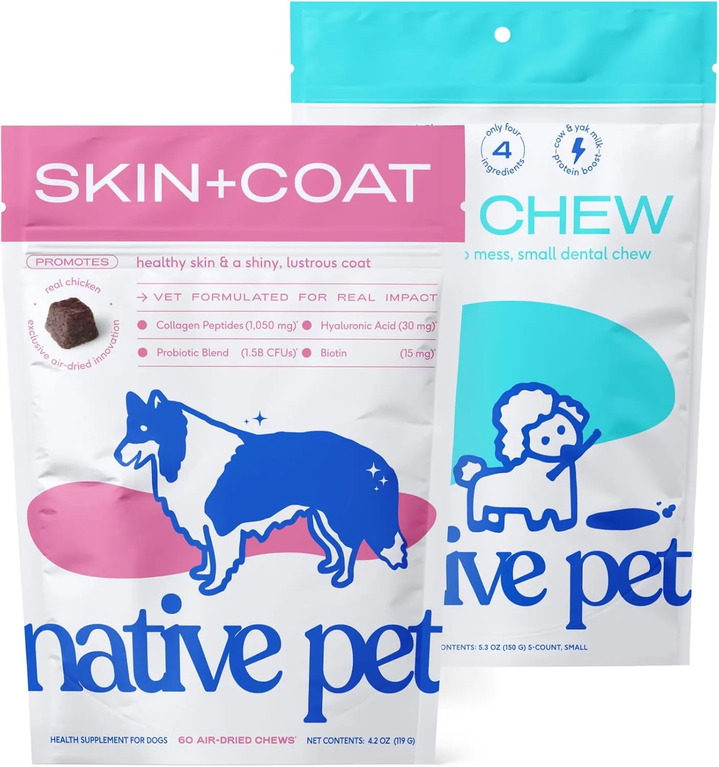 Native Pet Omega Skin and Coat Chews for Dogs (60 Air-Dried Chews) & Yak Chew (5 Small Chews) - All Natural Dental Sticks Made with Yak Cheese & Pure Omega 3 Fish Oil
