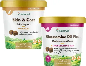 NaturVet  Glucosamine DS Plus - Level 2 Moderate Care  Supports Healthy Hip & Joint Function 70 Soft Chews & Skin and Coat Plus Breath Aid for Dogs, 70 ct Soft Chews