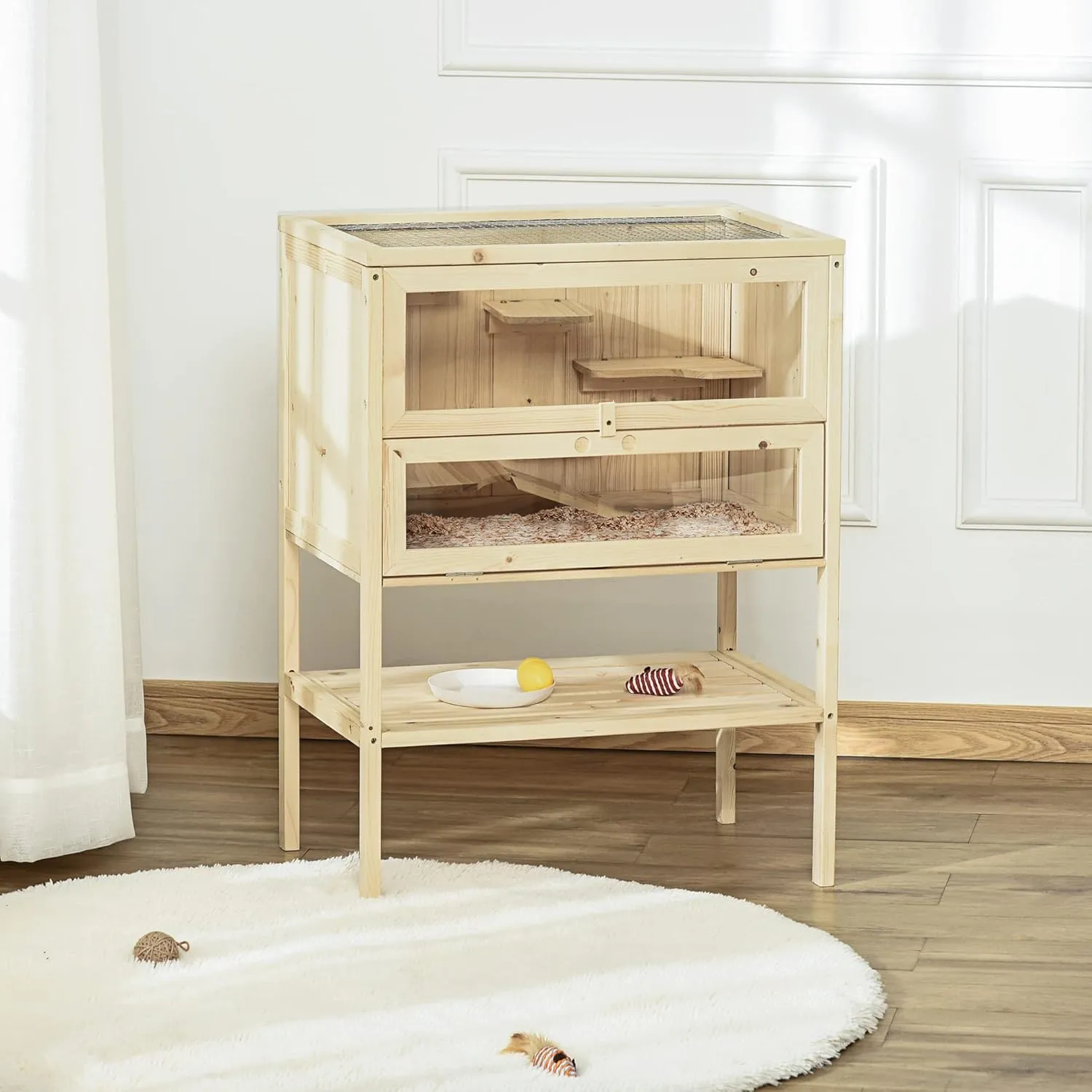PawHut 3-Tier Wooden Hamster Cage Mice and Rat Cage Small Animals Hutch with Openable Top, Front Door, Storage Shelf, Natural Wood