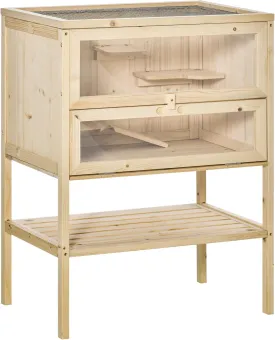PawHut 3-Tier Wooden Hamster Cage Mice and Rat Cage Small Animals Hutch with Openable Top, Front Door, Storage Shelf, Natural Wood