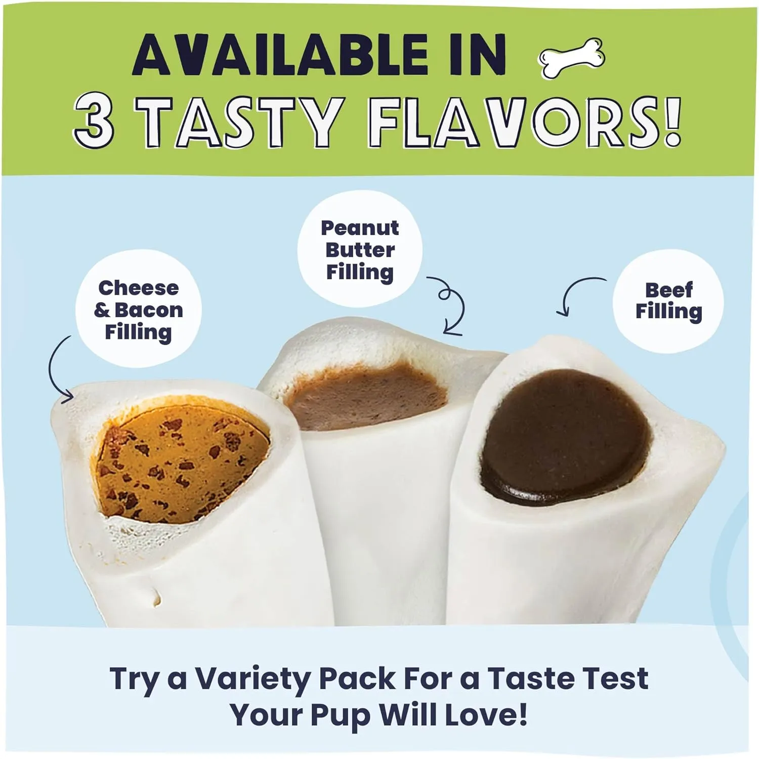 Pawstruck Large 5-6" Filled Dog Bones, Peanut Butter Flavor - Made in USA, Long Lasting Stuffed Femur for Aggressive Chewers, Dental Treat - Pack of 3, Packaging May Vary