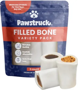 Pawstruck Small 3 Filled Dog Bones Variety Pack - Peanut Butter, Cheese & Bacon, Beef Flavors - Made in USA Long Lasting Stuffed Femur Treat for Aggressive Chewers - Pack of 3 - Packaging May Vary