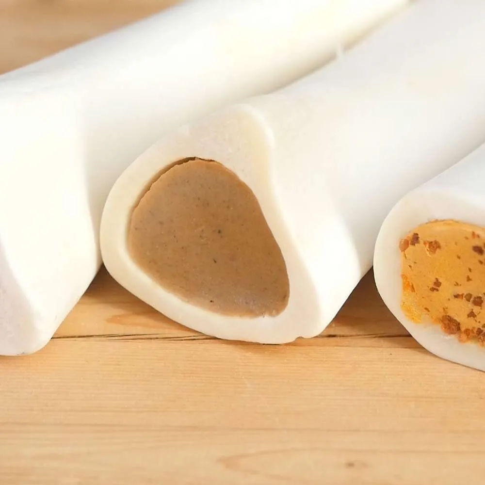 Pawstruck Small 3 Filled Dog Bones Variety Pack - Peanut Butter, Cheese & Bacon, Beef Flavors - Made in USA Long Lasting Stuffed Femur Treat for Aggressive Chewers - Pack of 3 - Packaging May Vary
