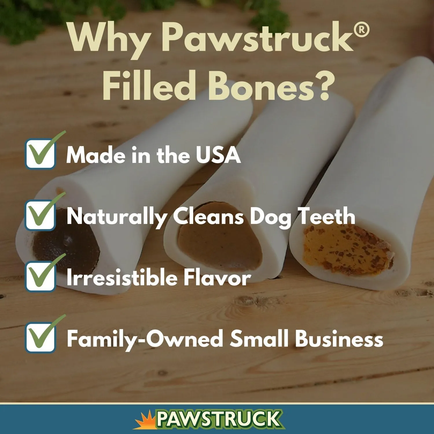 Pawstruck Small 3 Filled Dog Bones Variety Pack - Peanut Butter, Cheese & Bacon, Beef Flavors - Made in USA Long Lasting Stuffed Femur Treat for Aggressive Chewers - Pack of 3 - Packaging May Vary