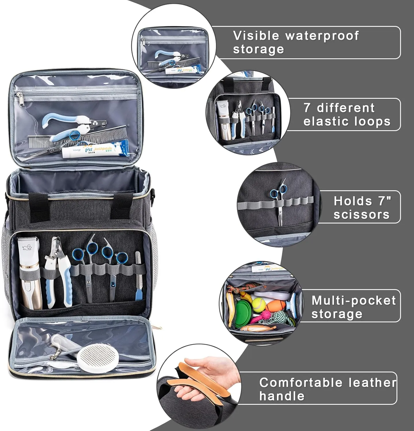 Pet Grooming Bag, Dog Grooming Supplies Organizer Tote Bag, Perfect for Pet Grooming Tool Kit Accessories-Dark Gray