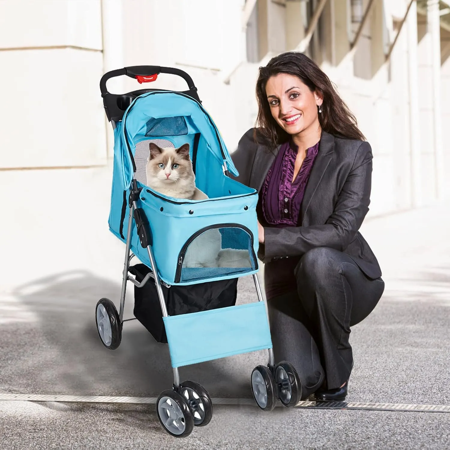 Pet Stroller, 4 Wheels Foldable Dog Stroller with Storage Basket and Cup Holder, Dog Carriage for Medium Small Dogs Cats Jogging Travel Carrier Cart, Blue