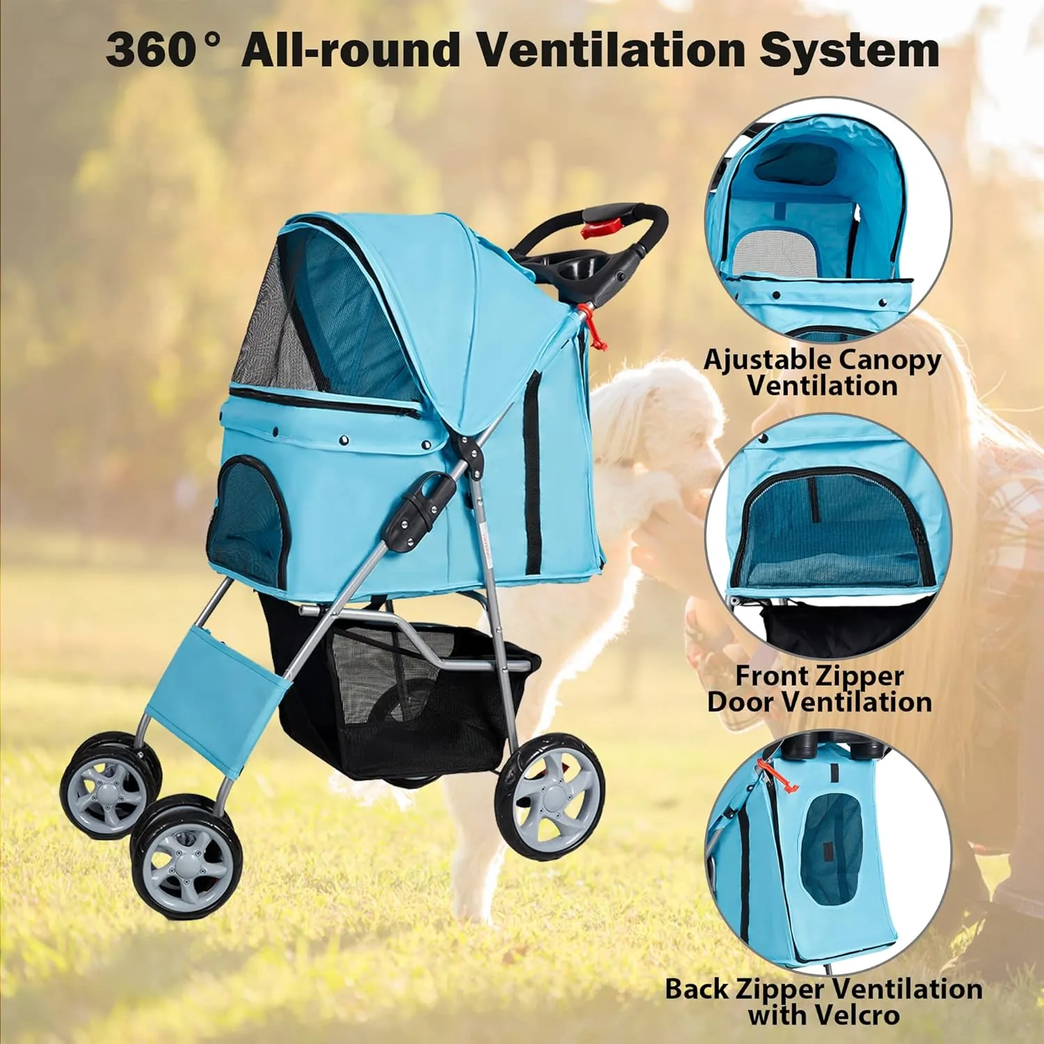 Pet Stroller, 4 Wheels Foldable Dog Stroller with Storage Basket and Cup Holder, Dog Carriage for Medium Small Dogs Cats Jogging Travel Carrier Cart, Blue