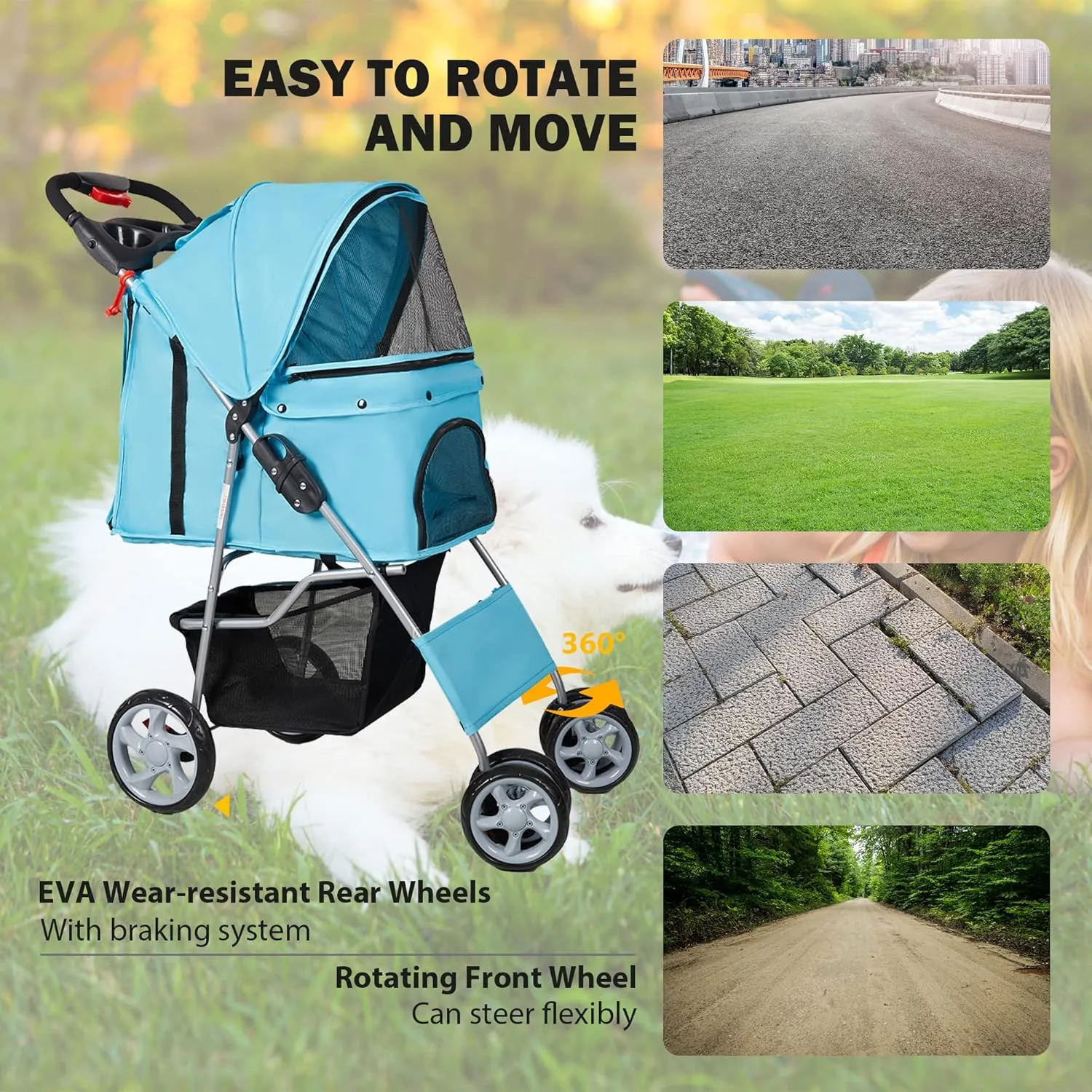 Pet Stroller, 4 Wheels Foldable Dog Stroller with Storage Basket and Cup Holder, Dog Carriage for Medium Small Dogs Cats Jogging Travel Carrier Cart, Blue