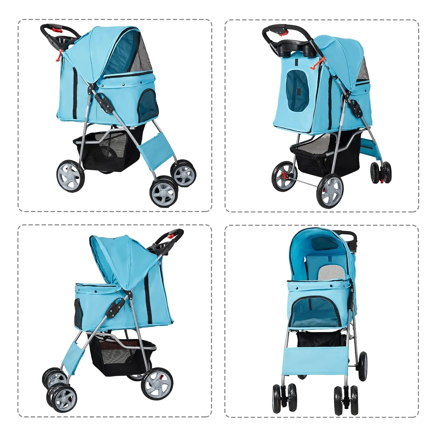 Pet Stroller, 4 Wheels Foldable Dog Stroller with Storage Basket and Cup Holder, Dog Carriage for Medium Small Dogs Cats Jogging Travel Carrier Cart, Blue