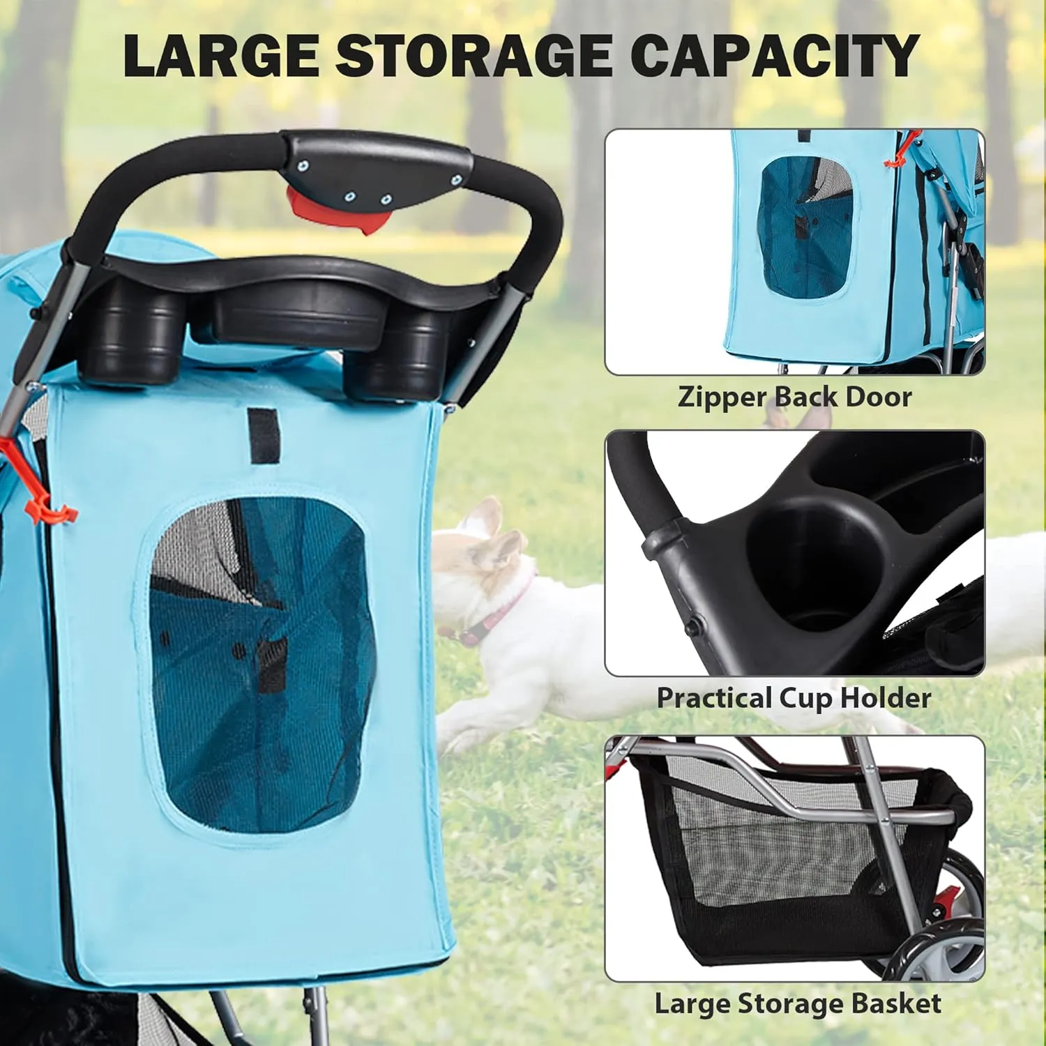 Pet Stroller, 4 Wheels Foldable Dog Stroller with Storage Basket and Cup Holder, Dog Carriage for Medium Small Dogs Cats Jogging Travel Carrier Cart, Blue