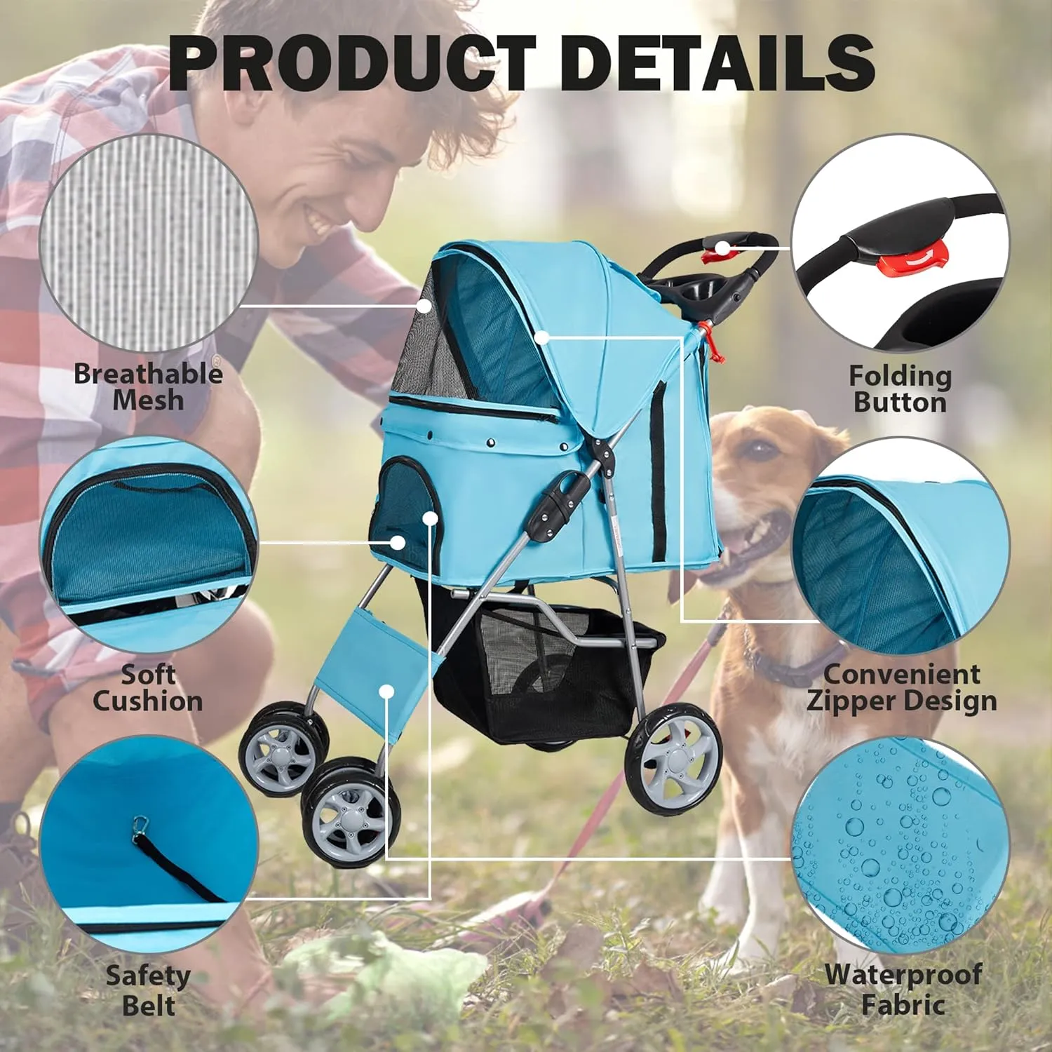 Pet Stroller, 4 Wheels Foldable Dog Stroller with Storage Basket and Cup Holder, Dog Carriage for Medium Small Dogs Cats Jogging Travel Carrier Cart, Blue