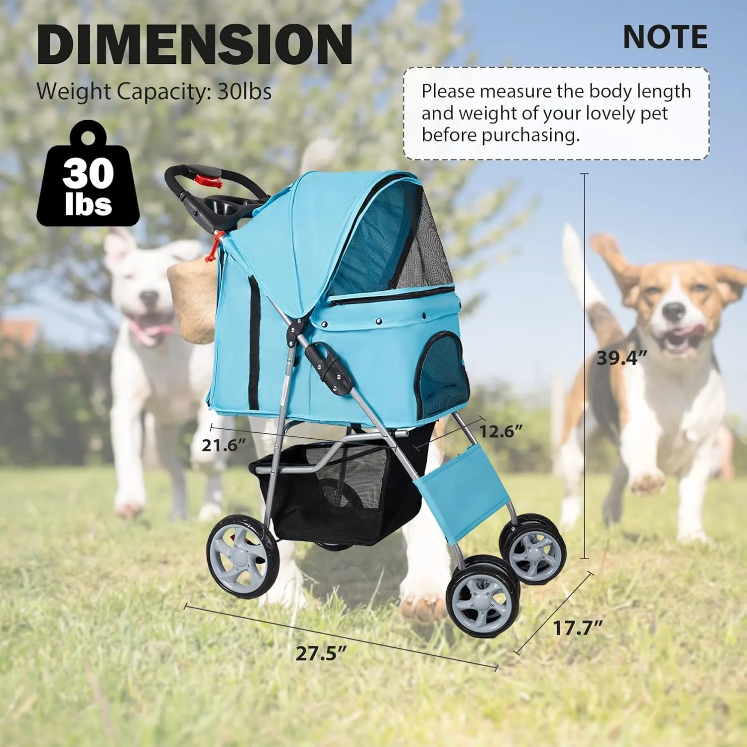 Pet Stroller, 4 Wheels Foldable Dog Stroller with Storage Basket and Cup Holder, Dog Carriage for Medium Small Dogs Cats Jogging Travel Carrier Cart, Blue