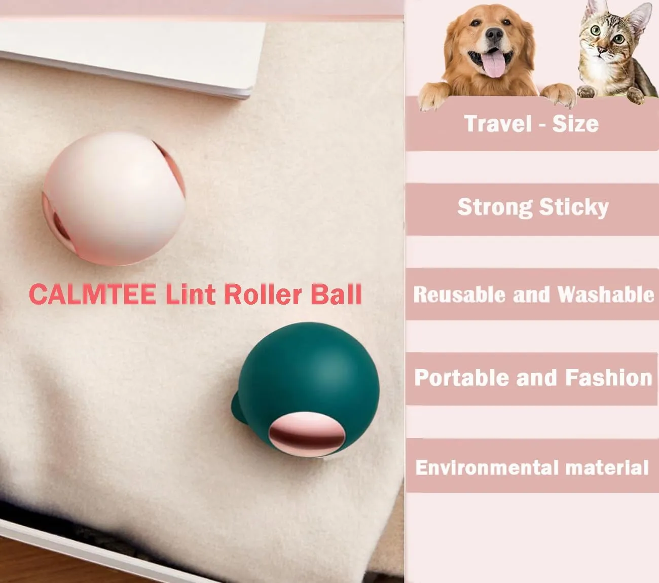 Reusable Lint Roller Ball, Sticky Portable Dog Cat Pet Hair Remover Tool for Clothes, Laundries, Furniture (White Gold)