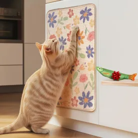 SCRATCHABLE Sisal Cat Scratcher, [  Catnip Fish Toy], Wall Scratcher, Couch Protector, Scratching Mat- 24 X 15.8 With 12 Adhesive Velcro Stripes (Floral)