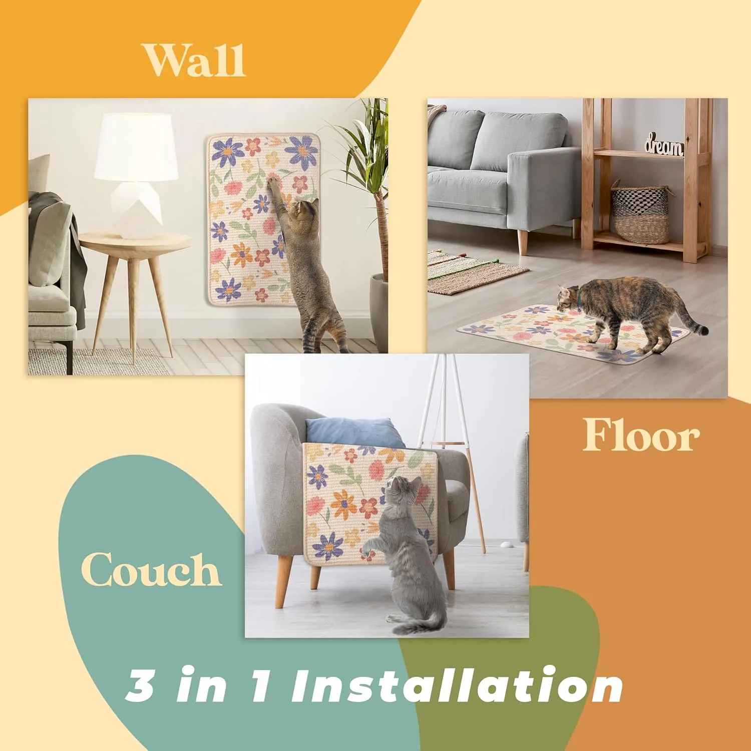 SCRATCHABLE Sisal Cat Scratcher, [  Catnip Fish Toy], Wall Scratcher, Couch Protector, Scratching Mat- 24 X 15.8 With 12 Adhesive Velcro Stripes (Floral)