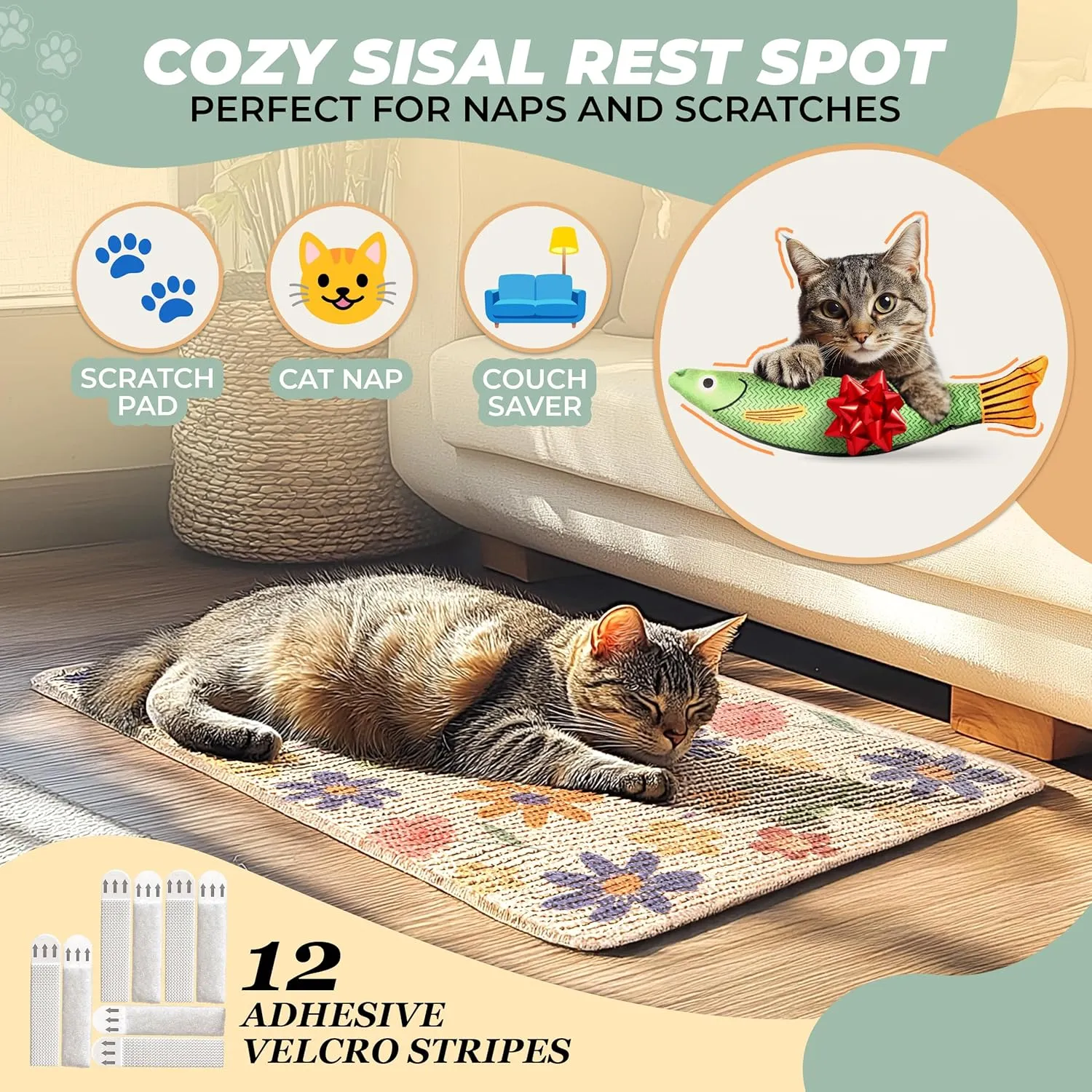 SCRATCHABLE Sisal Cat Scratcher, [  Catnip Fish Toy], Wall Scratcher, Couch Protector, Scratching Mat- 24 X 15.8 With 12 Adhesive Velcro Stripes (Floral)