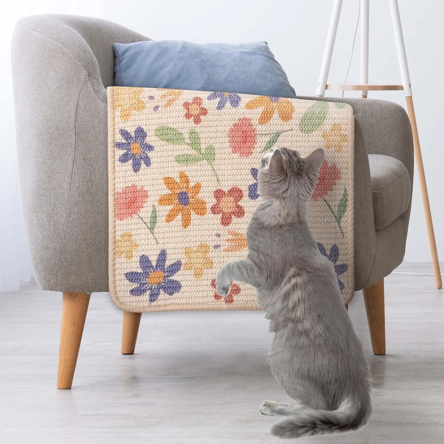 SCRATCHABLE Sisal Cat Scratcher, [  Catnip Fish Toy], Wall Scratcher, Couch Protector, Scratching Mat- 24 X 15.8 With 12 Adhesive Velcro Stripes (Floral)