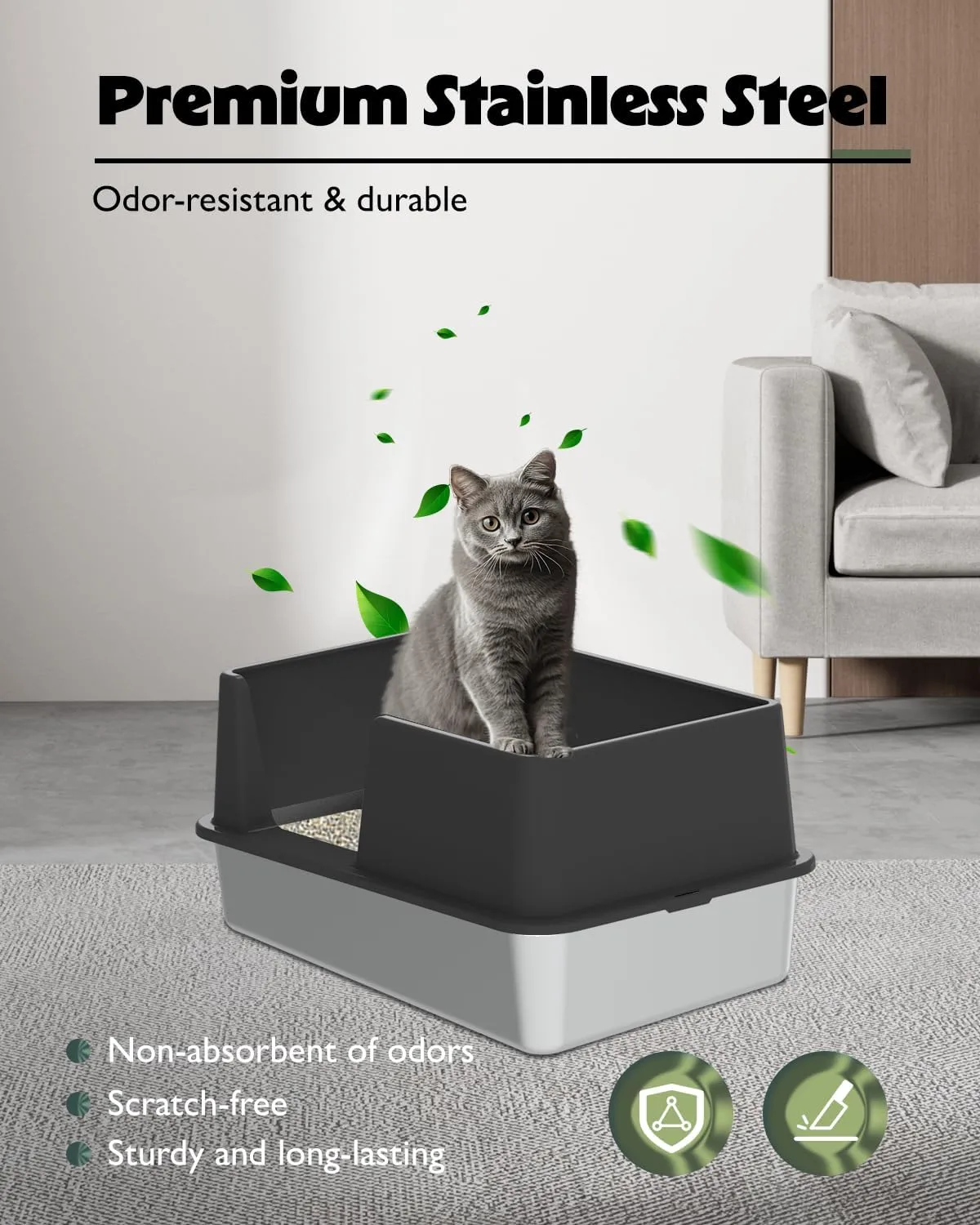 Stainless Steel Cat Litter Box with Lid, Large Metal Litter Box for Big & Multiple Kittens with High Sides, Cat Box with Litter Scoop & Litter Mat, Open Top, Anti-Leakage, Non-Sticky, Easy Cleaning