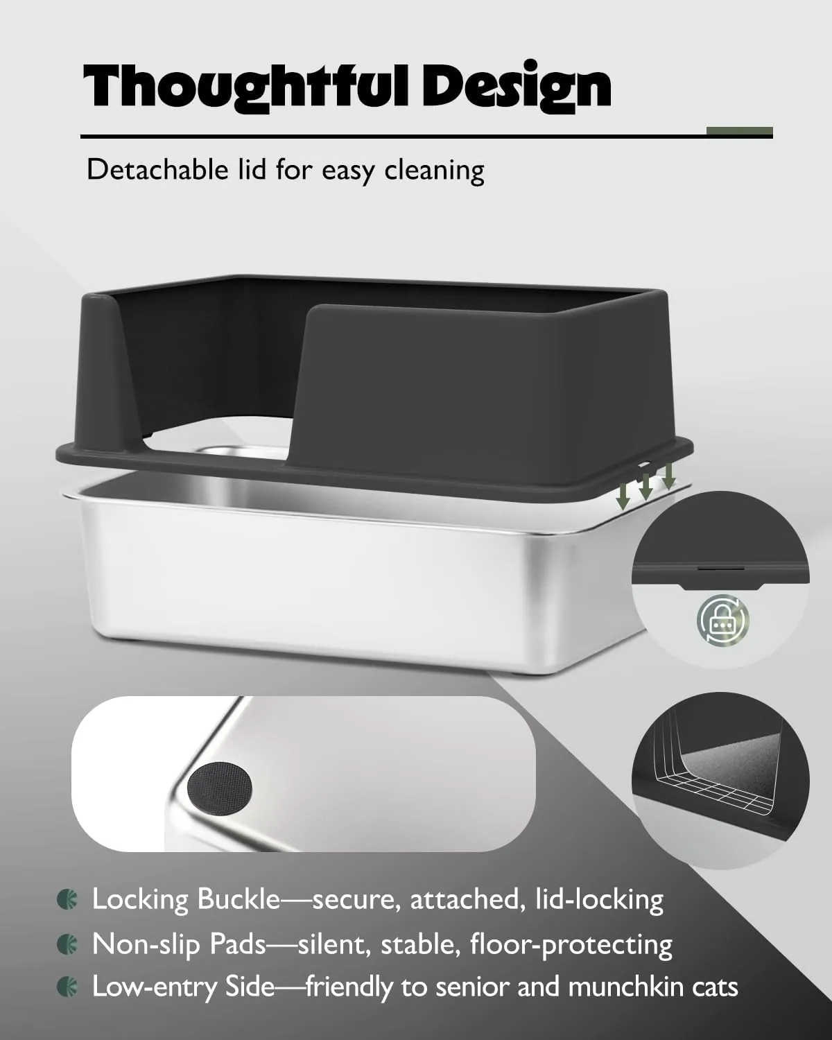 Stainless Steel Cat Litter Box with Lid, Large Metal Litter Box for Big & Multiple Kittens with High Sides, Cat Box with Litter Scoop & Litter Mat, Open Top, Anti-Leakage, Non-Sticky, Easy Cleaning