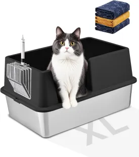 Stainless Steel Cat Litter Box with Lid, Large Metal Litter Box for Big & Multiple Kittens with High Sides, Cat Box with Litter Scoop & Litter Mat, Open Top, Anti-Leakage, Non-Sticky, Easy Cleaning