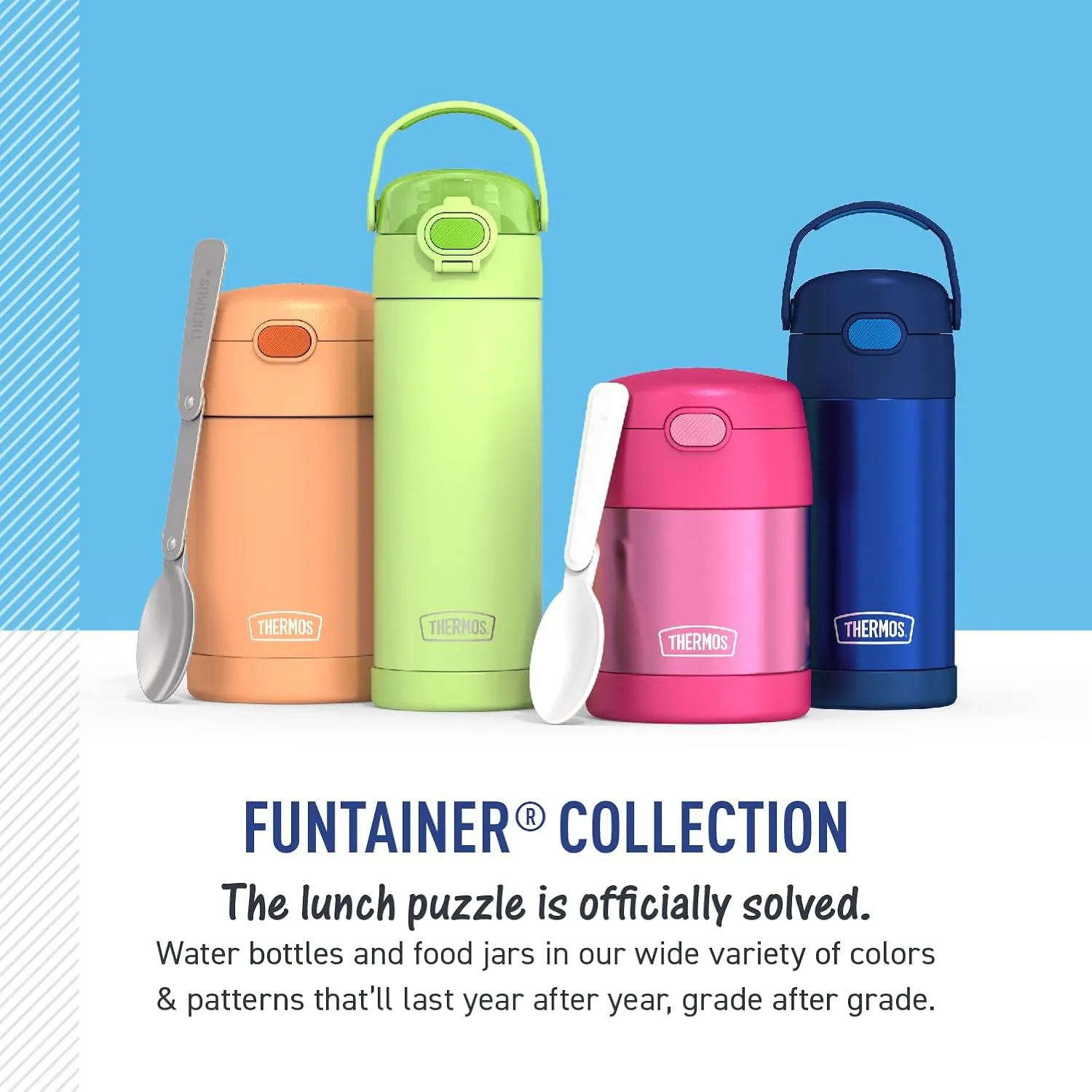 THERMOS FUNTAINER 10 Ounce Stainless Steel Vacuum Insulated Kids Food Jar with Folding Spoon, Navy