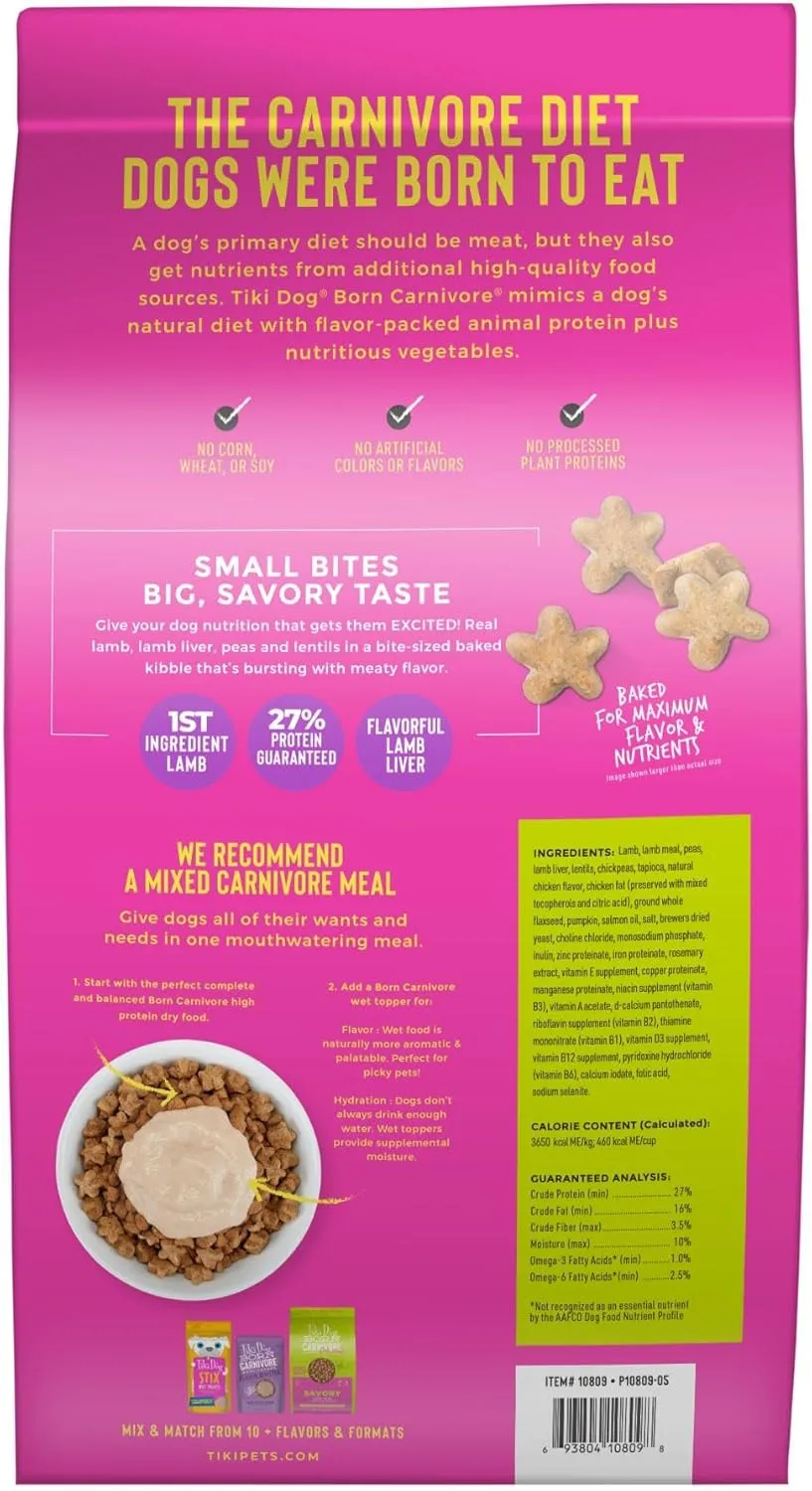 Tiki Dog Born Carnivore for Dogs, Savory Lamb, Peas & Lentils Recipe, Grain Free Baked Kibble for Maximum Nutrition, For Adult Dogs and All Size Breed Dogs, 10 lbs. Bag