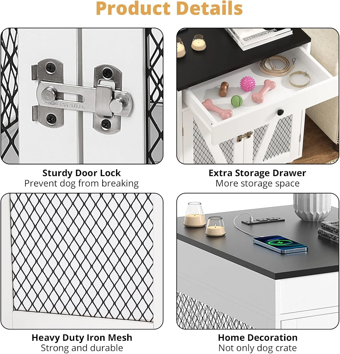 VOWNER Dog Crate Furniture, Wooden Dog Kennel End Table with USB Charging Station, Storage Drawer, Double Latched Door, Furniture-Style Crate Side Table for Medium Dogs Under 40 lbs Indoor Use, White