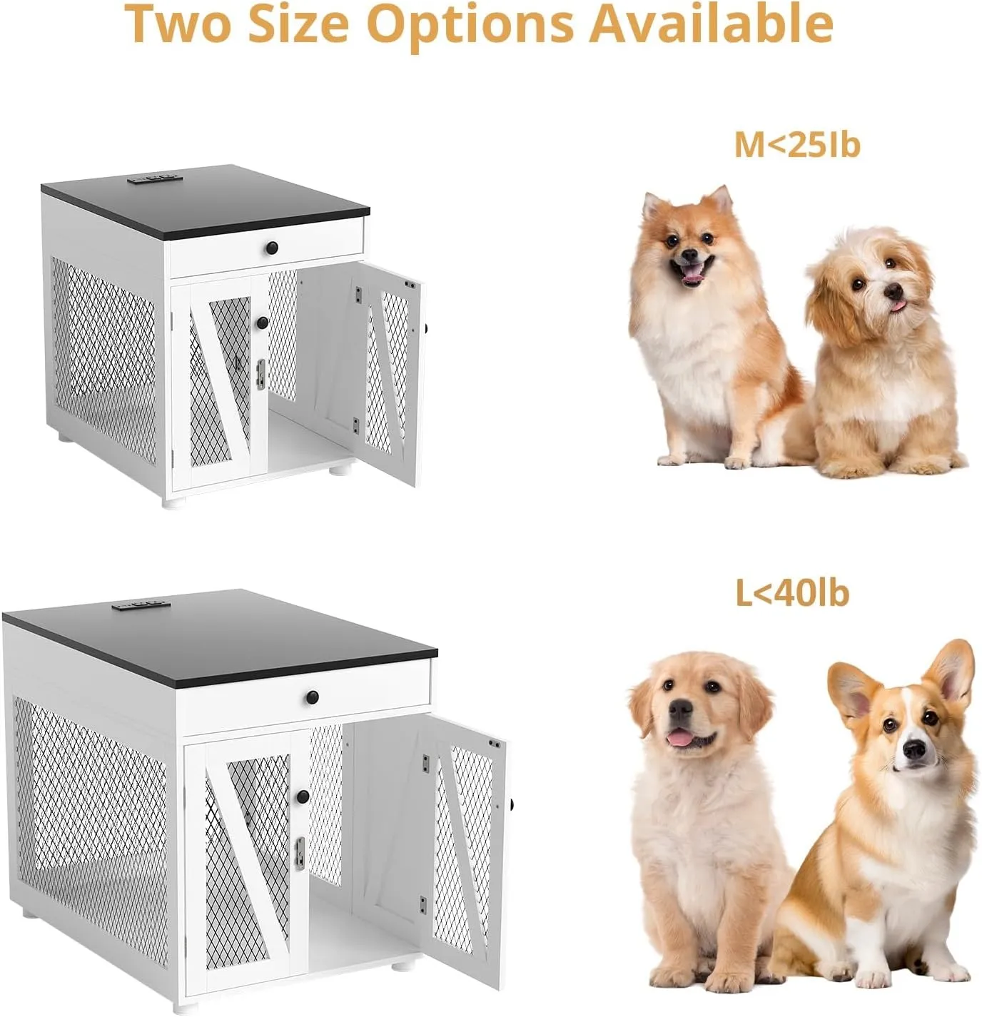 VOWNER Dog Crate Furniture, Wooden Dog Kennel End Table with USB Charging Station, Storage Drawer, Double Latched Door, Furniture-Style Crate Side Table for Medium Dogs Under 40 lbs Indoor Use, White