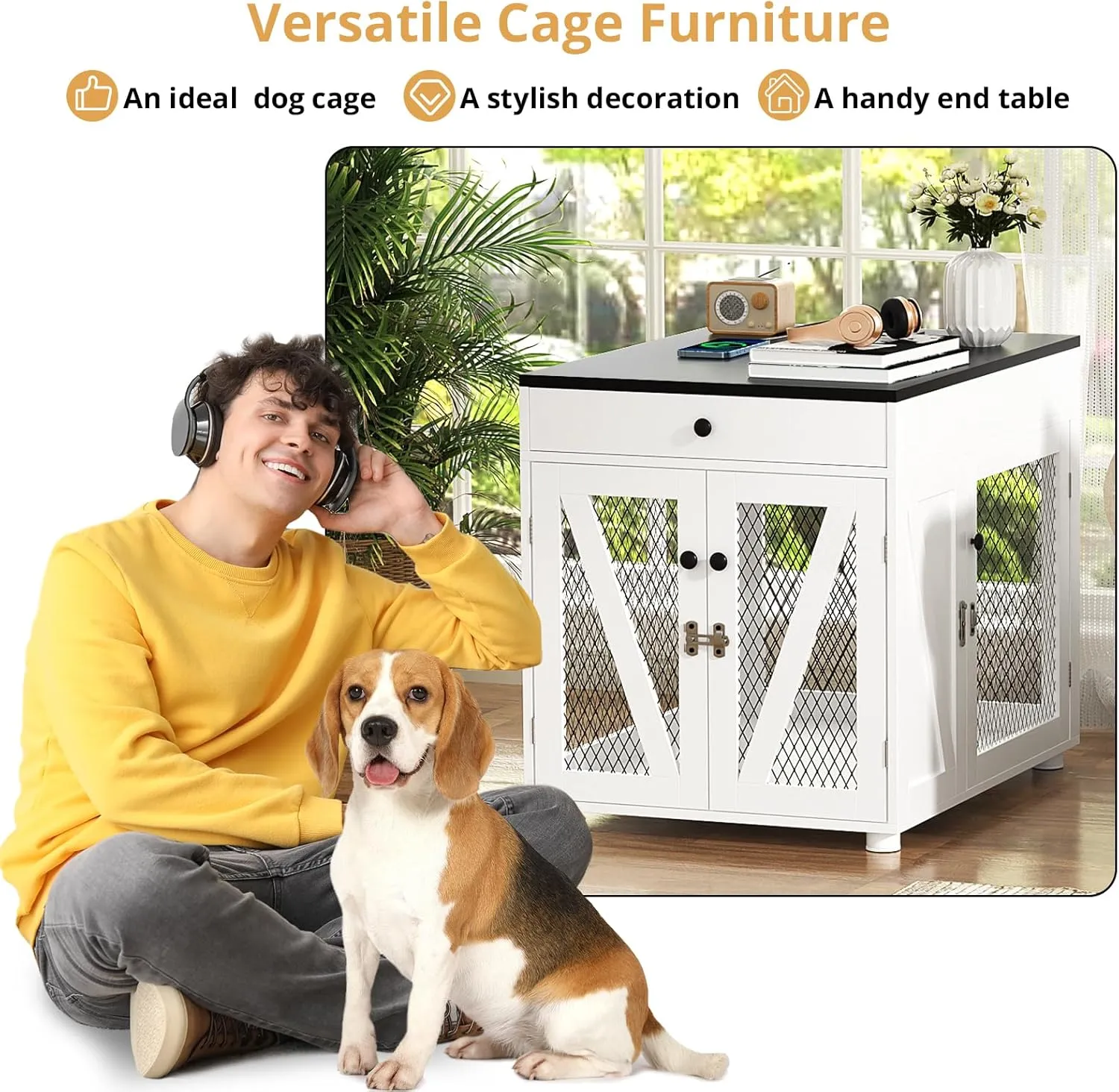 VOWNER Dog Crate Furniture, Wooden Dog Kennel End Table with USB Charging Station, Storage Drawer, Double Latched Door, Furniture-Style Crate Side Table for Medium Dogs Under 40 lbs Indoor Use, White
