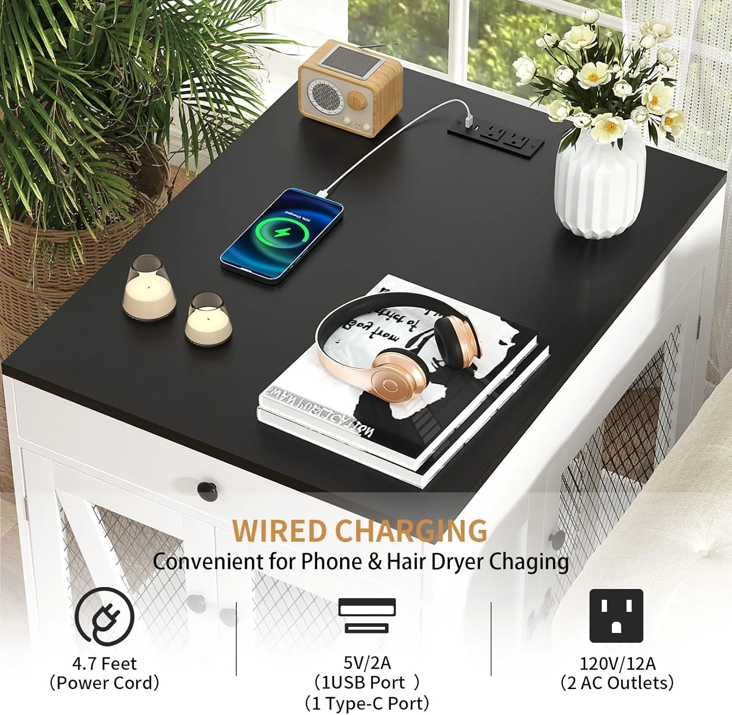 VOWNER Dog Crate Furniture, Wooden Dog Kennel End Table with USB Charging Station, Storage Drawer, Double Latched Door, Furniture-Style Crate Side Table for Medium Dogs Under 40 lbs Indoor Use, White