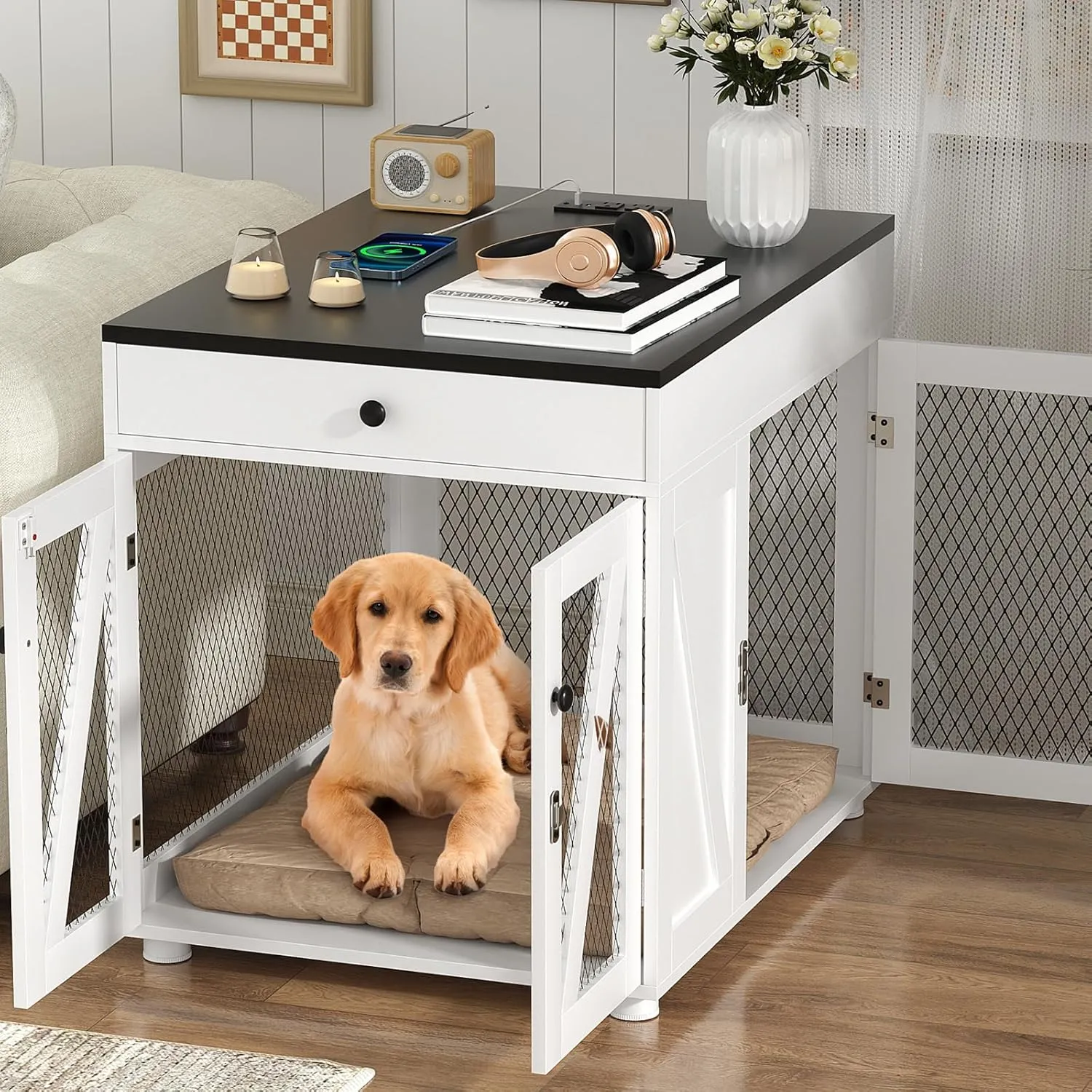 VOWNER Dog Crate Furniture, Wooden Dog Kennel End Table with USB Charging Station, Storage Drawer, Double Latched Door, Furniture-Style Crate Side Table for Medium Dogs Under 40 lbs Indoor Use, White
