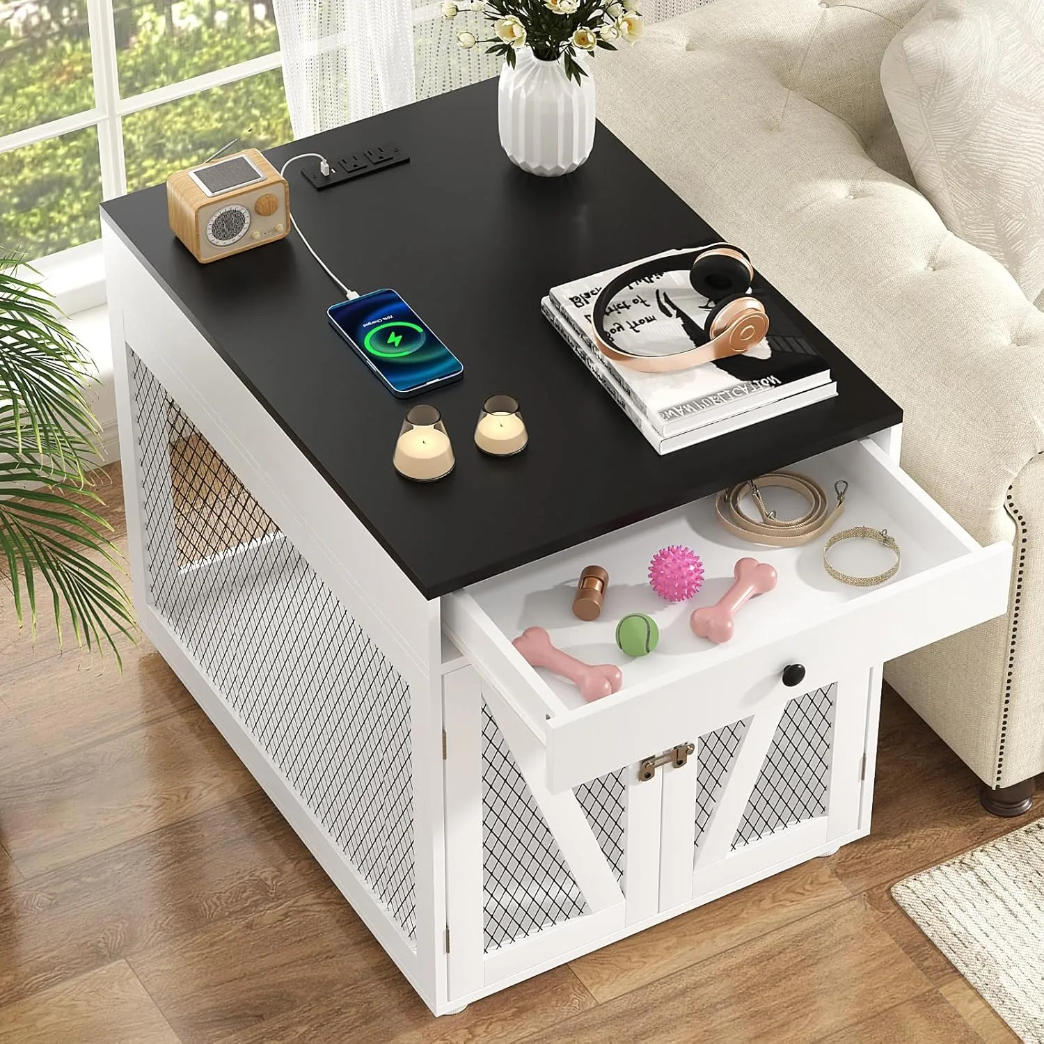 VOWNER Dog Crate Furniture, Wooden Dog Kennel End Table with USB Charging Station, Storage Drawer, Double Latched Door, Furniture-Style Crate Side Table for Medium Dogs Under 40 lbs Indoor Use, White
