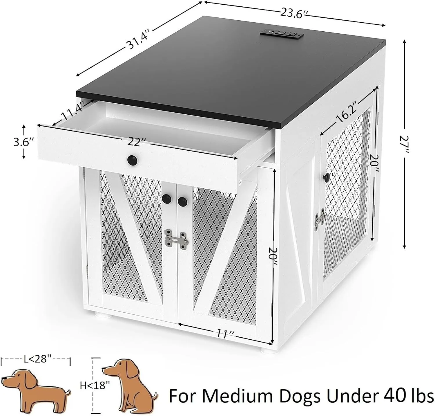 VOWNER Dog Crate Furniture, Wooden Dog Kennel End Table with USB Charging Station, Storage Drawer, Double Latched Door, Furniture-Style Crate Side Table for Medium Dogs Under 40 lbs Indoor Use, White