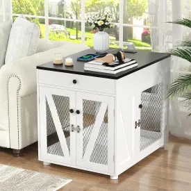 VOWNER Dog Crate Furniture, Wooden Dog Kennel End Table with USB Charging Station, Storage Drawer, Double Latched Door, Furniture-Style Crate Side Table for Medium Dogs Under 40 lbs Indoor Use, White