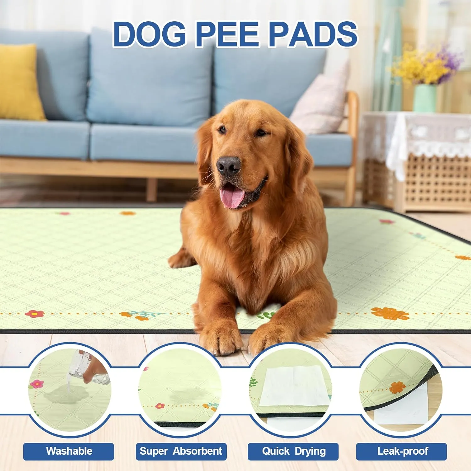 Washable Pee Pads for Dogs,2 Pack Reusable Puppy Pads,Absorbent & Leak-Proof Dog Potty Training Pads, Non Slip Training Mats Suitable for Potty, Playpen,Bed,Crate Liner,Car Seats (Yellow,L:47*31'")