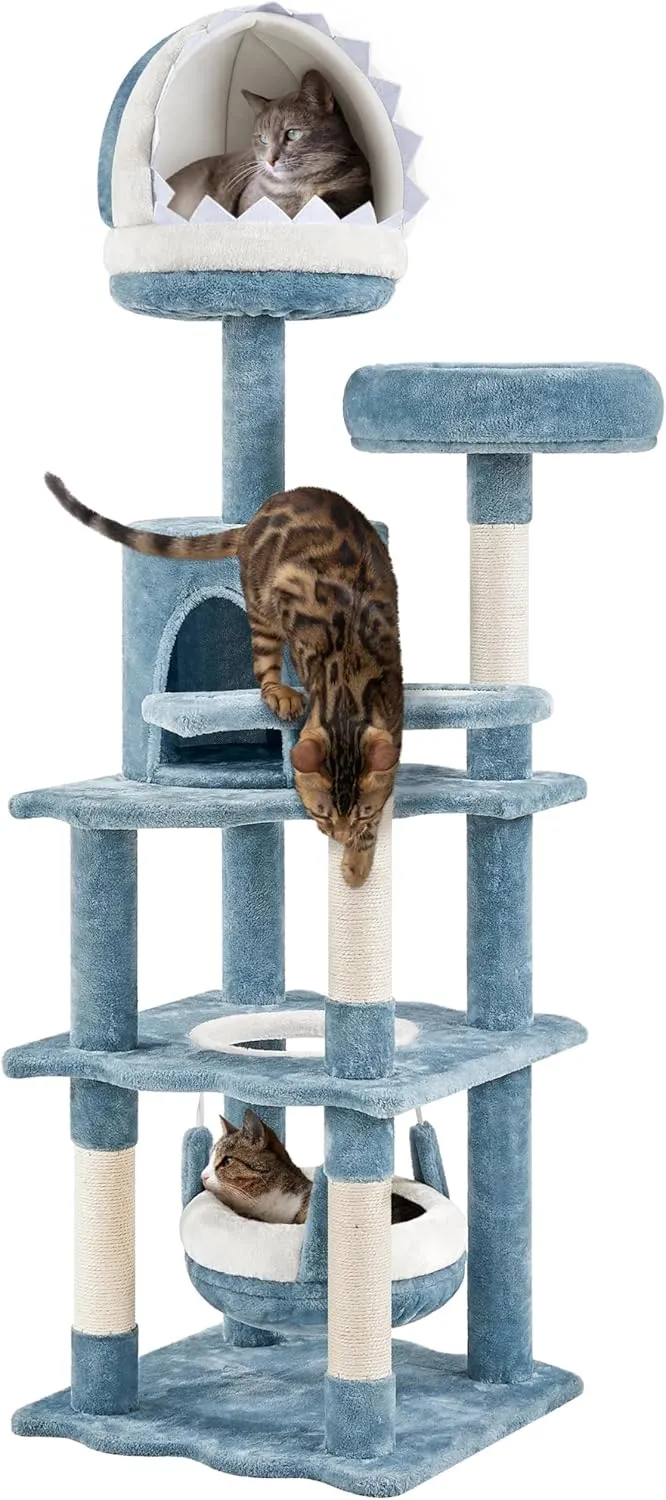 Yaheetech 61in Tall Ocean-themed Cat Tree, Multi-Level Cat Tower with Shark's Mouth-shaped Nest, Fish-shaped Platform, Sisal Scratching Posts, Plush Cat Bed Furniture as Cat Kitty Activity Center