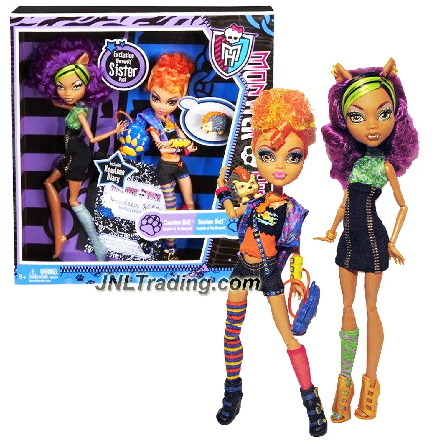 Year 2011 Monster High Diary Series 2 Pack 11 Inch Doll Set - Daughters of the Werewolf CLAWDEEN WOLF and HOWLEEN WOLF with Pet Cushion Hedgehog, Paw-Shaped Backpack and Diary of Howleen Wolf
